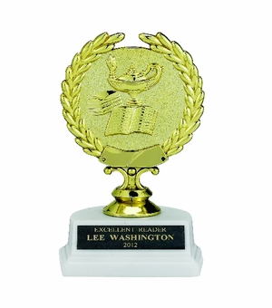 LAMP OF LEARNING AND BOOK TROPHY, 5-1/2 INCH, WHITE MARBLE BASE