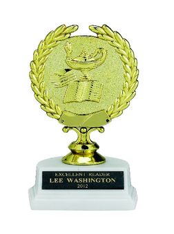 LAMP OF LEARNING AND BOOK TROPHY, 5-1/2 INCH, WHITE MARBLE BASE