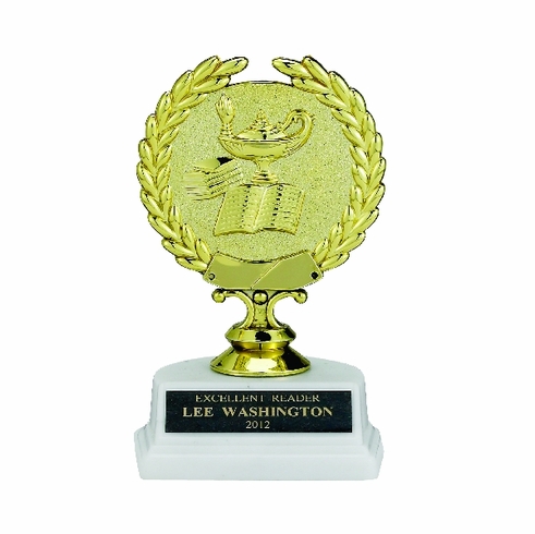 LAMP OF LEARNING AND BOOK TROPHY, 5-1/2 INCH, WHITE MARBLE BASE
