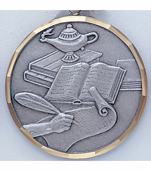 1-1/4 Inch Die-Struck Lamp of Learning Themed Medal in Silver
