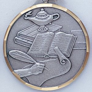 1-1/4 Inch Die-Struck Lamp of Learning Themed Medal in Silver