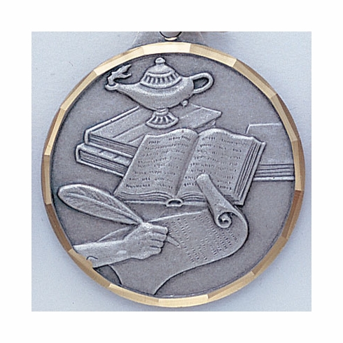 1-1/4 Inch Die-Struck Lamp of Learning Themed Medal in Silver