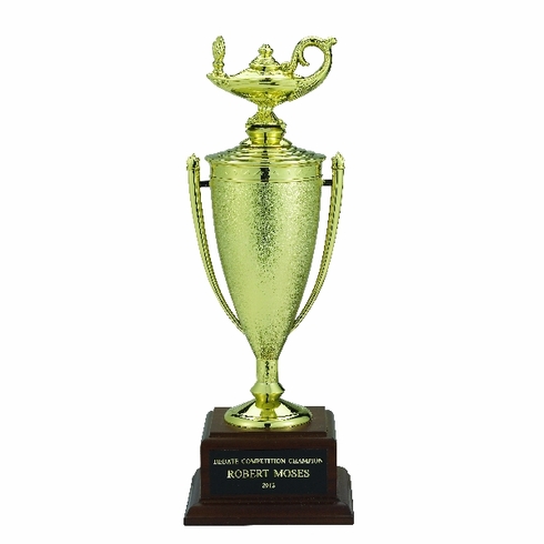 LAMP OF LEARNING TROPHY CUP, 12-1/2 INCH, WALNUT BASE