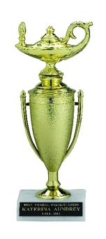 LAMP OF LEARNING TROPHY CUP, 8-1/2 INCH, WHITE PLASTIC BASE