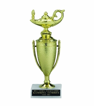 LAMP OF LEARNING TROPHY CUP, 8-1/2 INCH, WHITE PLASTIC BASE