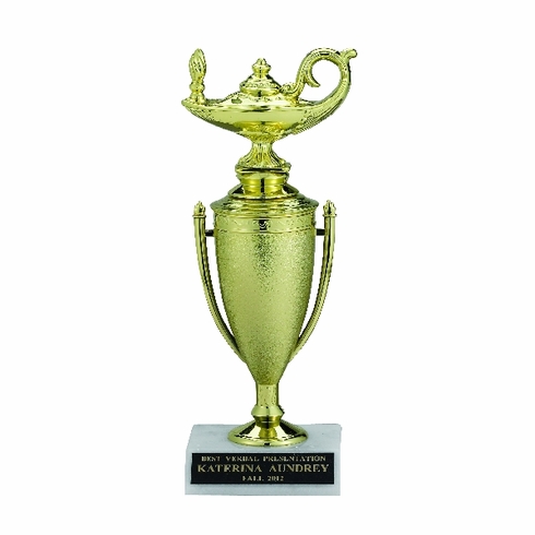 LAMP OF LEARNING TROPHY CUP, 8-1/2 INCH, WHITE PLASTIC BASE