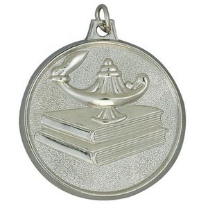 2 INCH LAMP OF LEARNING WITH BOOKS MEDAL, SILVER