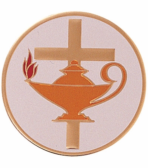 2-Inch in Diameter Round Etched-Enameled Metal Lamp and Cross Medallion Insert in Gold with Peel-and-Stick Back