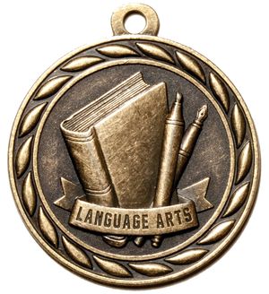 Metal 2-Inch in Diameter Round Language Arts Medal with Cutomizable Back in Antique Brass