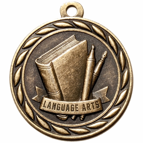Metal 2-Inch in Diameter Round Language Arts Medal with Cutomizable Back in Antique Brass