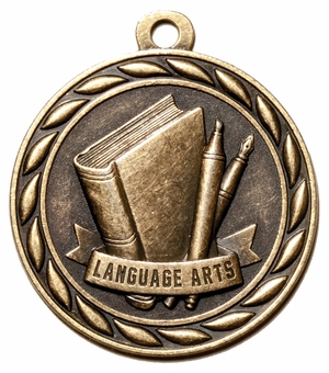 Metal 2-Inch in Diameter Round Language Arts Medal with Cutomizable Back in Antique Brass