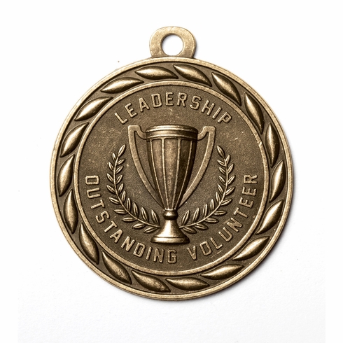 Metal 2-Inch in Diameter Round Leadership Medal with Cutomizable Back in Antique Brass