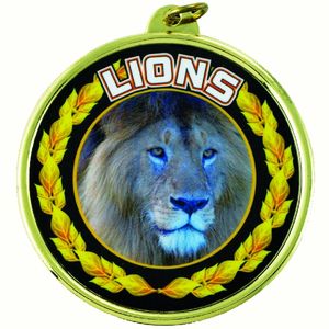 2-1/4 Inch in Diameter Round Mylar Detailed Gold 'Lions' Sports Medal with Customizable Back