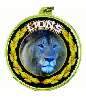 2-1/4 Inch in Diameter Round Mylar Detailed Gold 'Lions' Sports Medal with Customizable Back