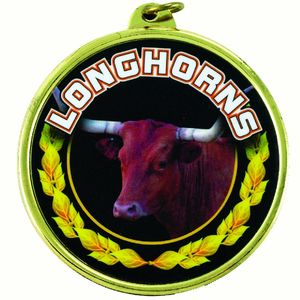 2-1/4 Inch in Diameter Round 'Longhorns' Themed Gold and Mylar Sports Medal with Customizable Back