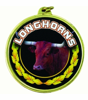 2-1/4 Inch in Diameter Round 'Longhorns' Themed Gold and Mylar Sports Medal with Customizable Back