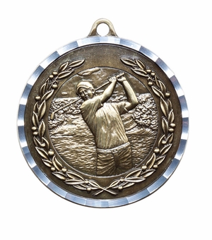 2 Inch Male Variant Brass Golf Medal in Gold, Silver, or Bronze