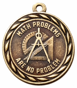 Metal 2-Inch in Diameter Round Math Themed Medal with Cutomizable Back in Antique Brass