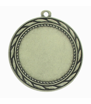MEDAL FRAME WITH WREATH, HOLDS 2 INCH MEDALLION INSERT. ANTIQUE BRASS 2-3/4 INCH DIAMETER.