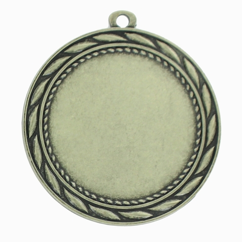 MEDAL FRAME WITH WREATH, HOLDS 2 INCH MEDALLION INSERT. ANTIQUE BRASS 2-3/4 INCH DIAMETER.