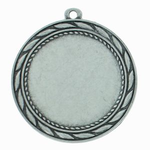 MEDAL FRAME WITH WREATH, HOLDS 2 INCH MEDALLION INSERT. SILVER FINISH 2-3/4 INCH DIAMETER.