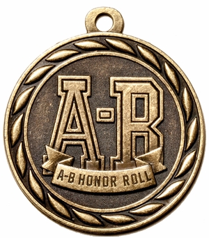 Metal 2-Inch in Diameter Round A-B-Honor Roll Medal with Cutomizable Back in Antique Brass