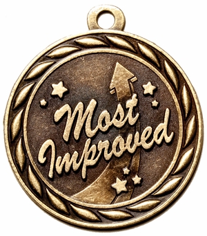Metal 2-Inch in Diameter Round 'Most Improved' Medal with Cutomizable Back in Antique Brass
