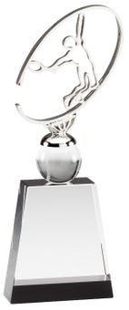 9 3/4" x 3 1/2" METAL TENNIS SCULPTURE ON CRYSTAL BASE WITH BALL