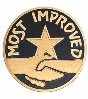 2-Inch in Diameter Round Etched-Enameled Metal 'Most Improved' Medallion Insert in Gold with Peel-and-Stick Back