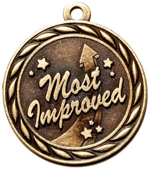 Metal 2-Inch in Diameter Round 'Most Improved' Medal with Cutomizable Back in Antique Brass