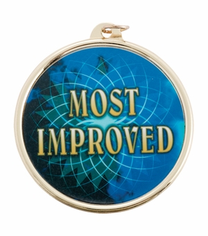 2-1/4 Inch in Diameter Round Gold and Mylar 'Most Improved' Medal with Customizable Back