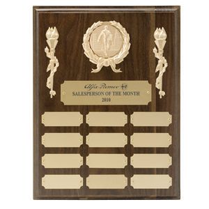 9 X 12 INCH MULTIPLE PLATE WALNUT FINISH PLAQUE WITH 12 GOLD PLATES, TAKES 2 INCH MEDALLION INSERT