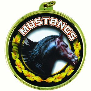 2-1/4 Inch in Diameter Round Gold and Mylar Sports Medal with 'Mustangs' Theme and Customizable Back