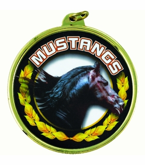 2-1/4 Inch in Diameter Round Gold and Mylar Sports Medal with 'Mustangs' Theme and Customizable Back