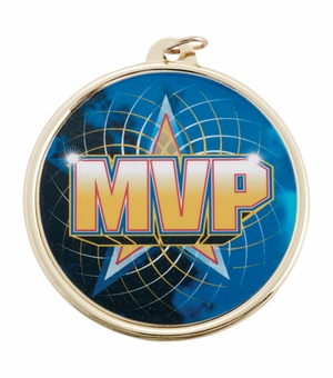 2-1/4 Inch in Diameter Round Gold 'MVP' Medal with Mylar Front Detailing and Customizable Back