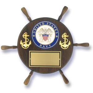 13" SHIPWHEEL PLAQUE GENUINE WALNUT WITH U.S. NAVY MEDALLION GOLD ENGRAVING PLATE