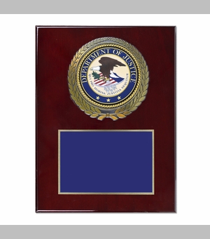 9 x 12 Inch Piano Finish Rose Wood Plaque With 4 Inch Department of Justice Medallion Insert