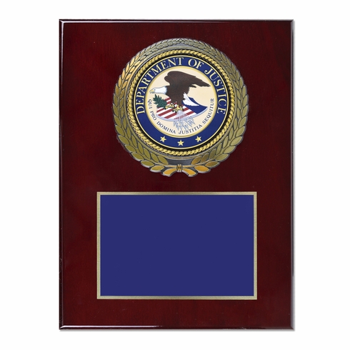 9 x 12 Inch Piano Finish Rose Wood Plaque With 4 Inch Department of Justice Medallion Insert