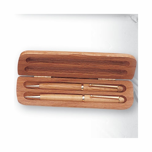 OAK BOX WITH PEN & PENCIL SET