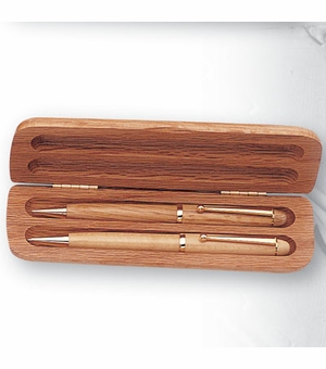 OAK BOX WITH PEN & PENCIL SET
