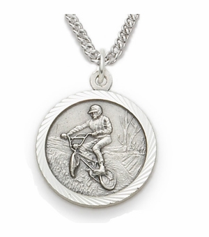 3/4 Inch Mens Off-Road Bike Themed St. Christopher Medal in Sterling Silver