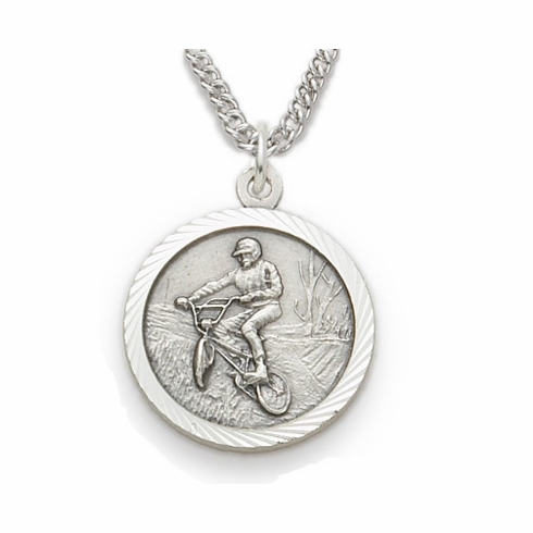 3/4 Inch Mens Off-Road Bike Themed St. Christopher Medal in Sterling Silver