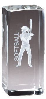 4 1/2" x 2" CRYSTAL AWARD FEMALE SOFTBALL FIGURE LASER ENGRAVED INSIDE CRYSTAL