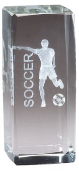 4 1/2" x 2" CRYSTAL AWARD MALE SOCCER FIGURE LASER ENGRAVED INSIDE CRYSTAL