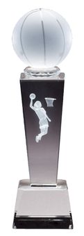 8 3/4" x 2 1/2" CRYSTAL FEMALE BASKETBALL TROPHY WITH LASER ENGRAVED FIGURE INSIDE CRYSTAL