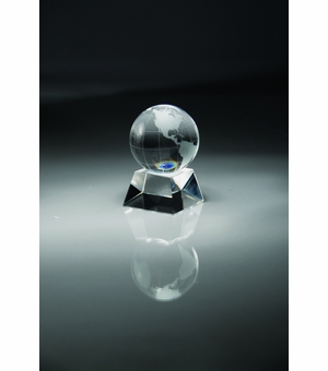 OPTICAL CRYSTAL GLOBE AWARD GIFT BOXED. 2 1/4 INCH GLOBE 2 1/4 INCH X 3 1/2 INCH OVERALL SIZE