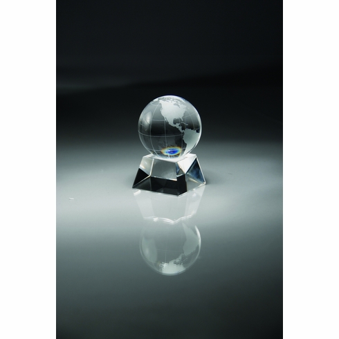 OPTICAL CRYSTAL GLOBE AWARD GIFT BOXED. 2 1/4 INCH GLOBE 2 1/4 INCH X 3 1/2 INCH OVERALL SIZE