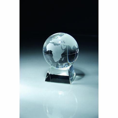 OPTICAL CRYSTAL GLOBE AWARD GIFT BOXED. 4 INCH GLOBE 4 INCH X 6 INCH OVER ALL SIZE