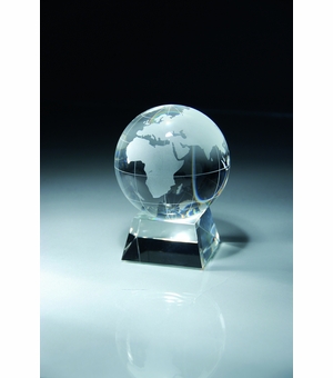 OPTICAL CRYSTAL GLOBE AWARD GIFT BOXED. 4 INCH GLOBE 4 INCH X 6 INCH OVER ALL SIZE