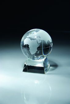 OPTICAL CRYSTAL GLOBE AWARD GIFT BOXED. 4 INCH GLOBE 4 INCH X 6 INCH OVER ALL SIZE